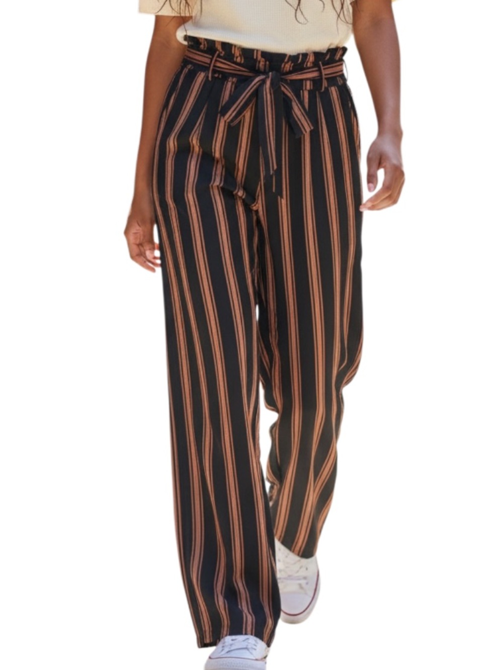 Simplee Apparel Black Wide-Leg Paperbag Pants with Brown Stripes